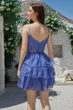 Load image into Gallery viewer, Dusty Blue Spaghetti Straps Corset Tiered Homecoming Dress with Lace Appliques