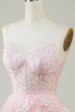 Load image into Gallery viewer, Dusty Blue Spaghetti Straps Corset Tiered Homecoming Dress with Lace Appliques