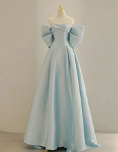 Load image into Gallery viewer, Light Blue Satin Sweetheart A-line Train Simple Long Prom Dresses