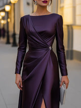 Load image into Gallery viewer, Satin Asymmetric Draped Long Sleeves Mermaid Prom Dress Evening Gown With Slit