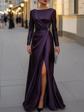 Load image into Gallery viewer, Satin Asymmetric Draped Long Sleeves Mermaid Prom Dress Evening Gown With Slit