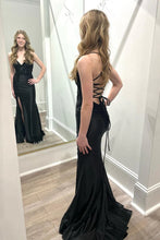 Load image into Gallery viewer, Black Lace Applique V Neck Spaghetti Straps Satin Mermaid Long Prom Dresses with Slit