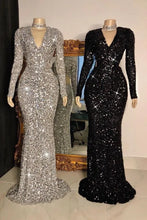 Load image into Gallery viewer, Long-Sleeve Sequin V Neck Mermaid Prom Dress