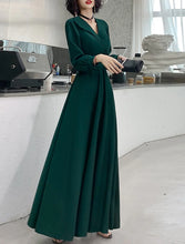 Load image into Gallery viewer, Formal Evening Floor Length Long Sleeve V Neck Fabric A-Line Satin Evening Gown Prom Dress With Sash