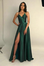 Load image into Gallery viewer, Green spaghetti straps long prom dress satin evening formal dresses side slit party dress