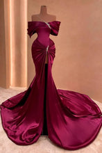 Load image into Gallery viewer, Long Mermaid Off the Shoulder Satin Beads Fromal Prom Dresses with slit
