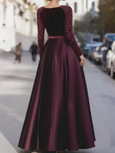 Load image into Gallery viewer, Velvet Sequin Long Sleeves A Line Prom Dress With Satin Skirt