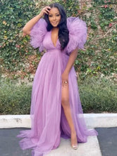 Load image into Gallery viewer, A-Line V-Neck Sleeveless Slit Tulle Prom Dresses With Ruffles