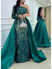 Load image into Gallery viewer, Mermaid Evening Gown Prom Dress Formal Wedding Court Train Long Sleeve One Shoulder Detachable Satin With Sequin