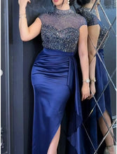 Load image into Gallery viewer, Formal Floor Length Short Sleeve High Neck Satin Mermaid Evening Gown Prom Dress With Ruched Sequin Slit 2026