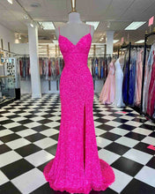 Load image into Gallery viewer, Pink Sequin Prom Dress - Spaghetti Strap Long Mermaid Evening Party Gown With Slit