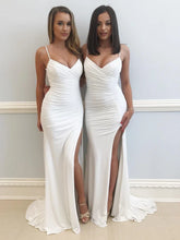Load image into Gallery viewer, White Chiffon spaghetti straps V Neck long Mermaid prom dresses pleated evening gown with side slit