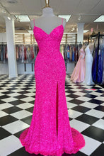 Load image into Gallery viewer, Pink Sequin Prom Dress - Spaghetti Strap Long Mermaid Evening Party Gown With Slit
