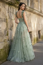Load image into Gallery viewer, Strapless Butterfly Lace Lilac Corset A-line Prom Dress with Slit