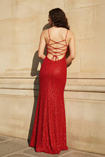 Load image into Gallery viewer, Spaghetti Straps Halter Mermaid Red Sequins Prom Dress With Split