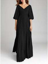 Load image into Gallery viewer, Formal Floor Length Half Sleeve V-Neck Chiffon A-Line Prom Dresses With Pleats Ruched