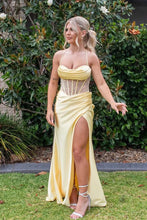 Load image into Gallery viewer, Yellow Spaghetti Straps pleated Satin Beaded Mermaid Long Prom Dress with Slit