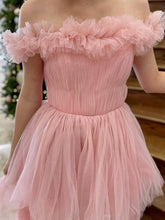 Load image into Gallery viewer, Pink Off The Shoulder Tulle A Line Prom Dress With Split