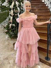 Load image into Gallery viewer, Pink Off The Shoulder Tulle A Line Prom Dress With Split