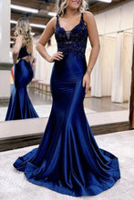 Load image into Gallery viewer, Mermaid Deep V Neck Spaghetti Straps Satin Long Prom Dress with Appliques Beaded