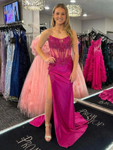 Load image into Gallery viewer, Fuchsia Lace Applique Strapless Satin Mermaid Long Prom Dresses with Slit