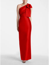 Load image into Gallery viewer, Champagne Satin Mermaid Prom Dress Evening Gown Formal Fall Ankle Length Sleeveless One Shoulder With Bow