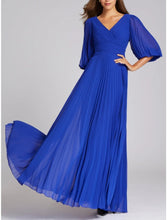 Load image into Gallery viewer, Formal Floor Length Half Sleeve V-Neck Chiffon A-Line Prom Dresses With Pleats Ruched