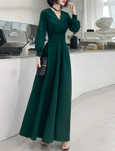 Load image into Gallery viewer, Formal Evening Floor Length Long Sleeve V Neck Fabric A-Line Satin Evening Gown Prom Dress With Sash