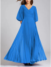 Load image into Gallery viewer, Formal Floor Length Half Sleeve V-Neck Chiffon A-Line Prom Dresses With Pleats Ruched