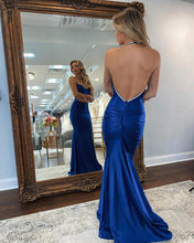 Load image into Gallery viewer, Royal Blue Satin Backless Mermaid Prom Dress Long V Neck