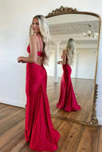 Load image into Gallery viewer, Simple Red Satin Spaghetti Strap Long Mermaid Prom Dress with Taping Detail