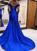Load image into Gallery viewer, Mermaid Off the Shoulder Lace Satin Prom Dress with Slit