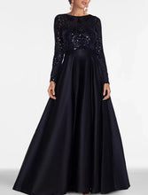 Load image into Gallery viewer, Black Tie Floor Length Long Sleeve A-Line Evening Gown Elegant Sequin Satin Prom Dress 2026
