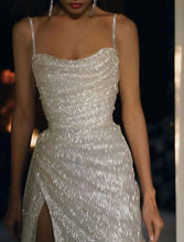Load image into Gallery viewer, Glittering Dress Floor Length Sleeveless Scoop Neck Fall Mermaid Prom Dresses Wedding Reception Tulle With Ruched 2025