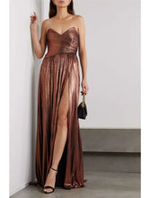 Load image into Gallery viewer, Cocktail Party Wedding Reception Floor Length Sleeveless Strapless Polyester Sexy Evening Gown A Line Prom Dress With Ruched Slit