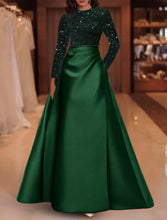 Load image into Gallery viewer, Wedding Guest Floor Length Long Sleeve Jewel Neck Pocket Satin A-Line Prom Dresses With Sequin 2026