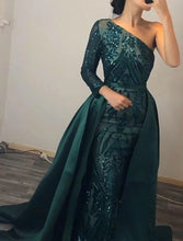 Load image into Gallery viewer, Mermaid Evening Gown Prom Dress Formal Wedding Court Train Long Sleeve One Shoulder Detachable Satin With Sequin