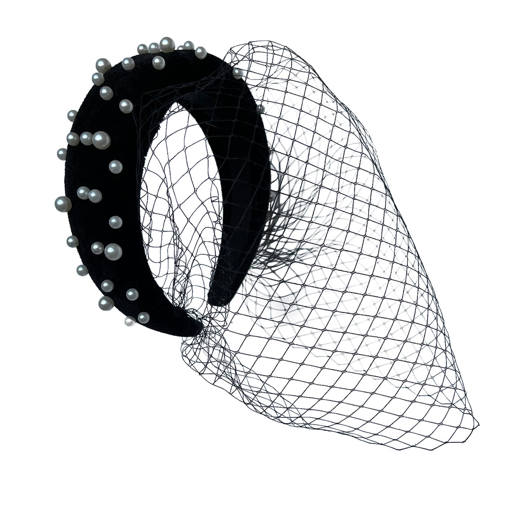 Black Birdcage Veil for Brides Netting Wide with Pearls