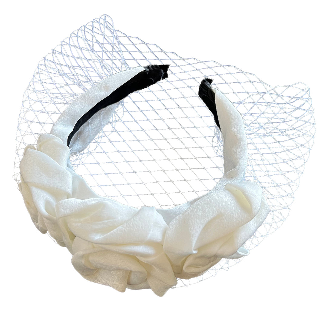 Headband Veil for Girls White/Black Netting Rose Velvet Plicated