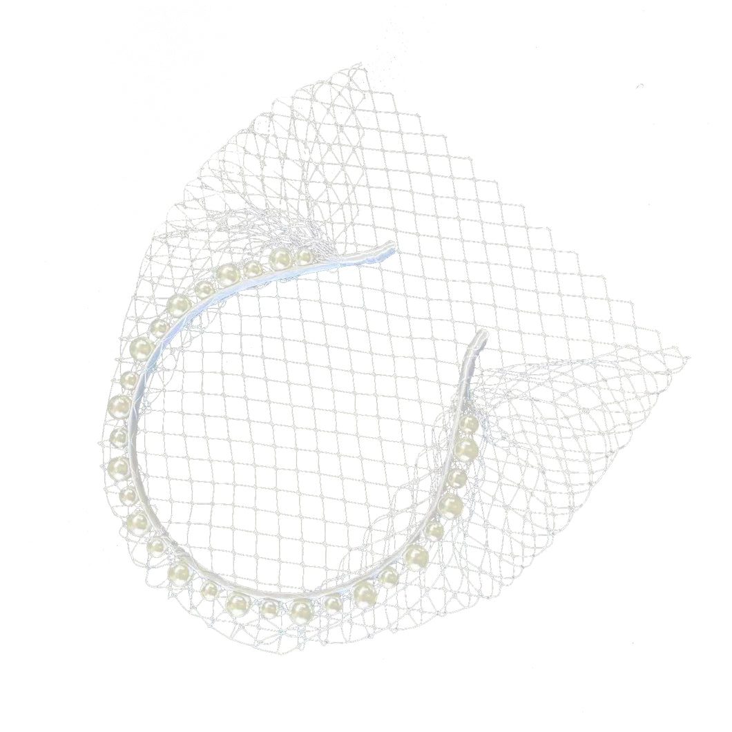 White Headband Veil for Brides Netting with Pearls