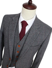 Load image into Gallery viewer, Wool Retro Grey Herringbone Tweed British Style Men&#39;s Suit Regular Fit Blazer Wedding Suits for Men 3 Pieces
