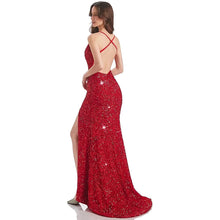 Load image into Gallery viewer, Women's Spaghetti Straps Sequin Prom Dress 2023 Mermaid V Neck with Slit Crisscross Back