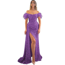 Load image into Gallery viewer, Long Prom Dress 2023 Mermaid Feather Corset Back Off the Shoulder Sequin with Slit
