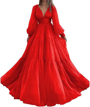 Load image into Gallery viewer, Long Puffy Sleeve Prom Dress 2023 V Neck A-Line Tulle Corset Back