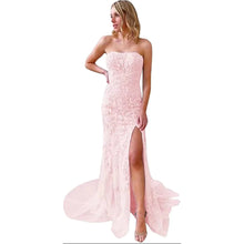 Load image into Gallery viewer, Elegant Prom Dress 2023 Strapless Lace Appliques Mermaid Tulle Long with Slit