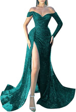 Load image into Gallery viewer, Prom Dresses 2023 Off the Shoulder Long Sleeve Sequin High Slit Corset Back