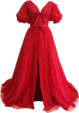 Load image into Gallery viewer, Sparkle Prom Dress 2023 Starry Tulle Puffy Sleeve with Split Corset Back