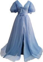 Load image into Gallery viewer, Sparkle Prom Dress 2023 Starry Tulle Puffy Sleeve with Split Corset Back