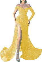 Load image into Gallery viewer, Prom Dresses 2023 Off the Shoulder Long Sleeve Sequin High Slit Corset Back