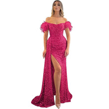 Load image into Gallery viewer, Long Prom Dress 2023 Mermaid Feather Corset Back Off the Shoulder Sequin with Slit